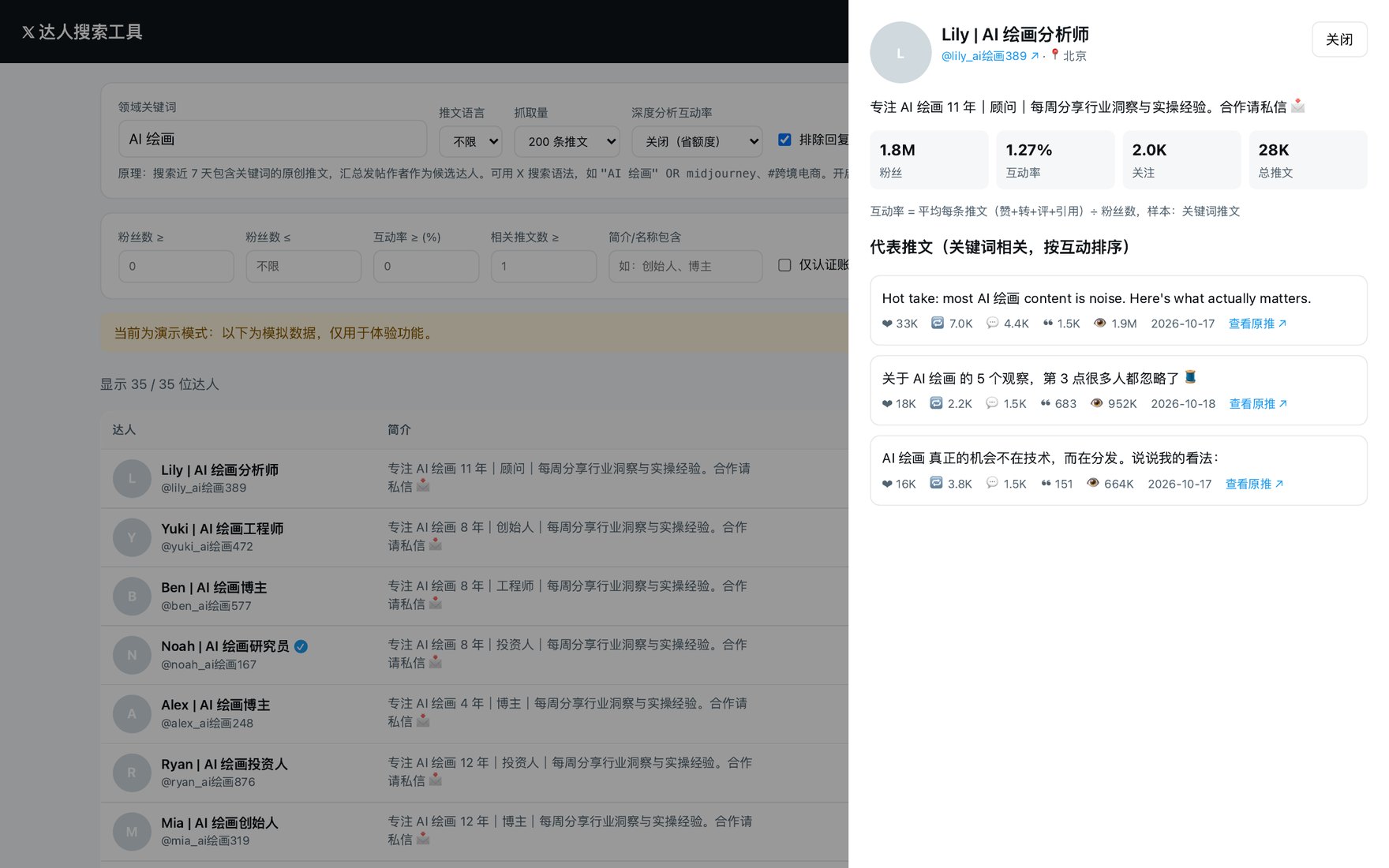 达人详情与代表推文